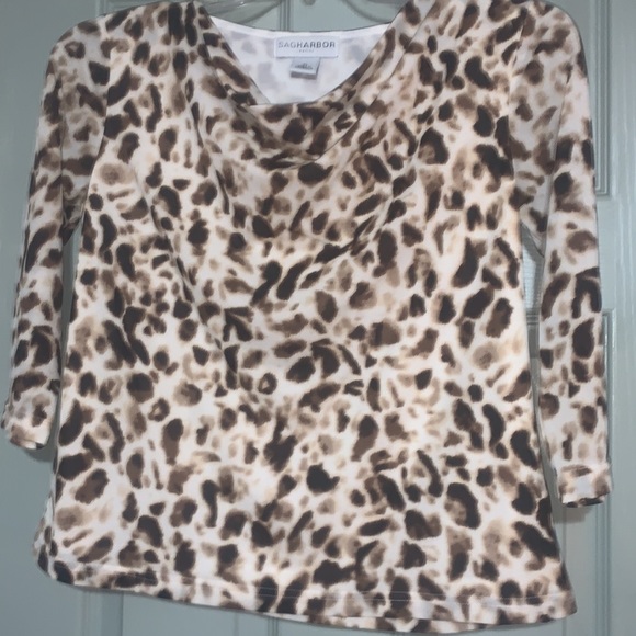 Sag Harbor Women’s Top Size PL, Brown/Leopard Print Cowl Neck with 3/4 Sleeves. - Picture 2 of 4